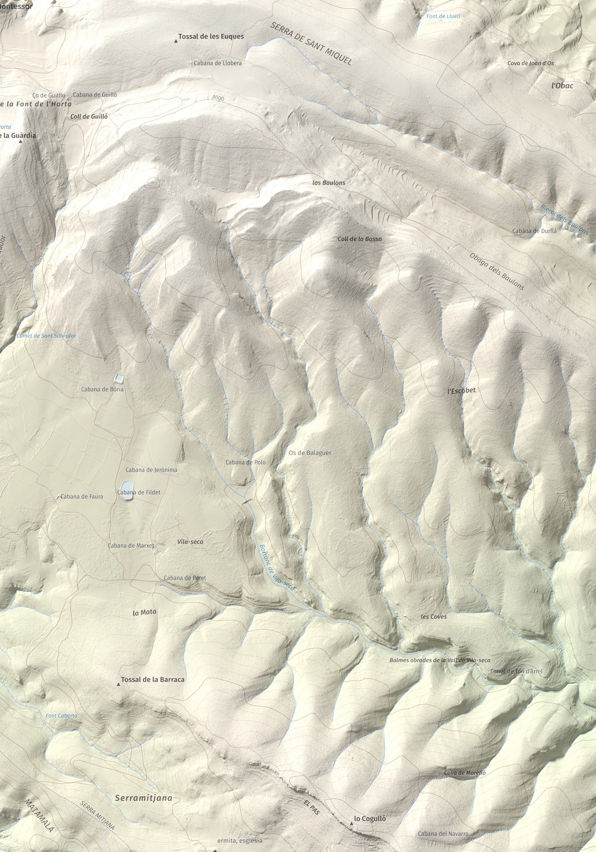 Mapa de relieve de Los Picons, 951 m, Noguera, lámina 100 Cims de Trobart. Detalle de la zona inferior derecha. 70 × 100 cm.