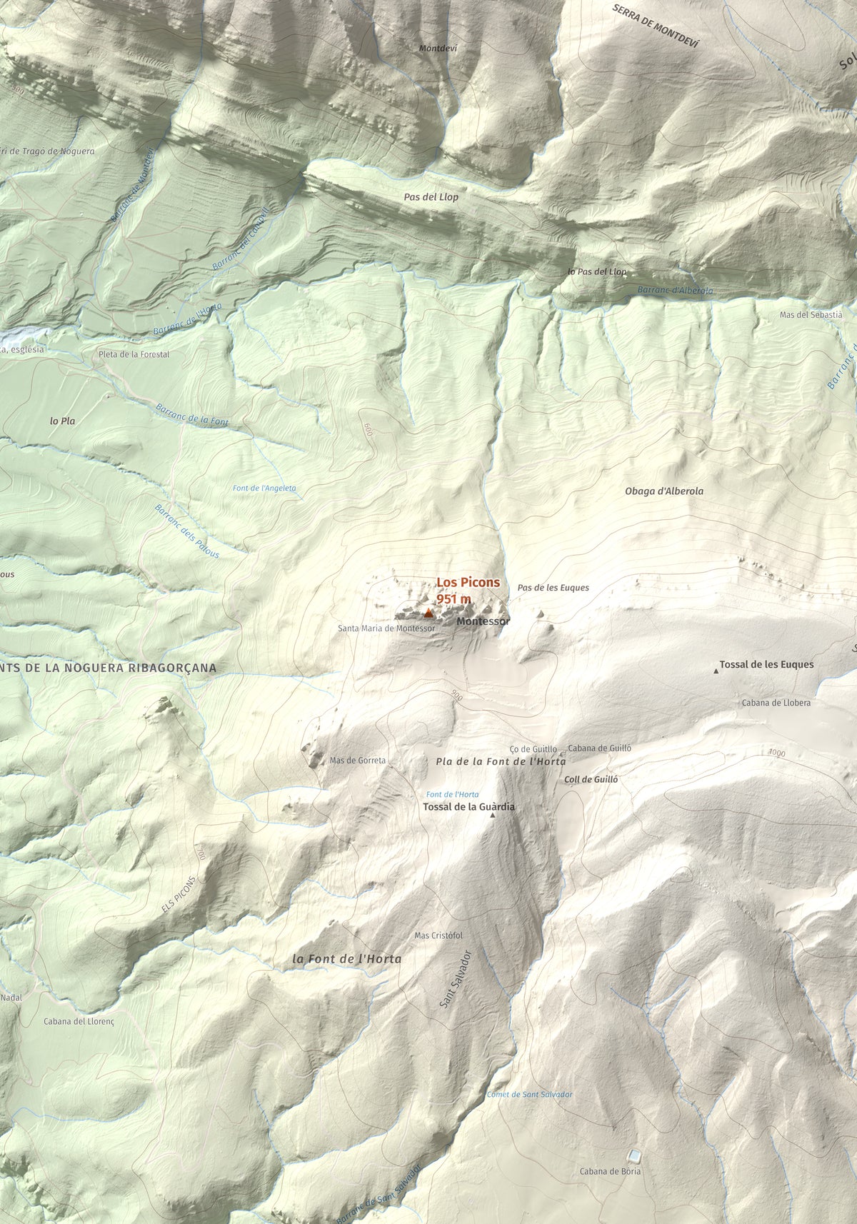 Mapa de relieve de Los Picons, 951 m, Noguera, lámina 100 Cims de Trobart. Detalle de la zona central. 70 × 100 cm.