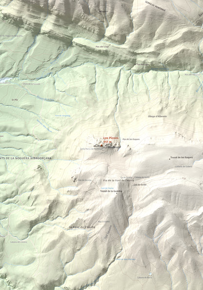 Mapa de relieve de Los Picons, 951 m, Noguera, lámina 100 Cims de Trobart. Detalle de la zona central. 70 × 100 cm.