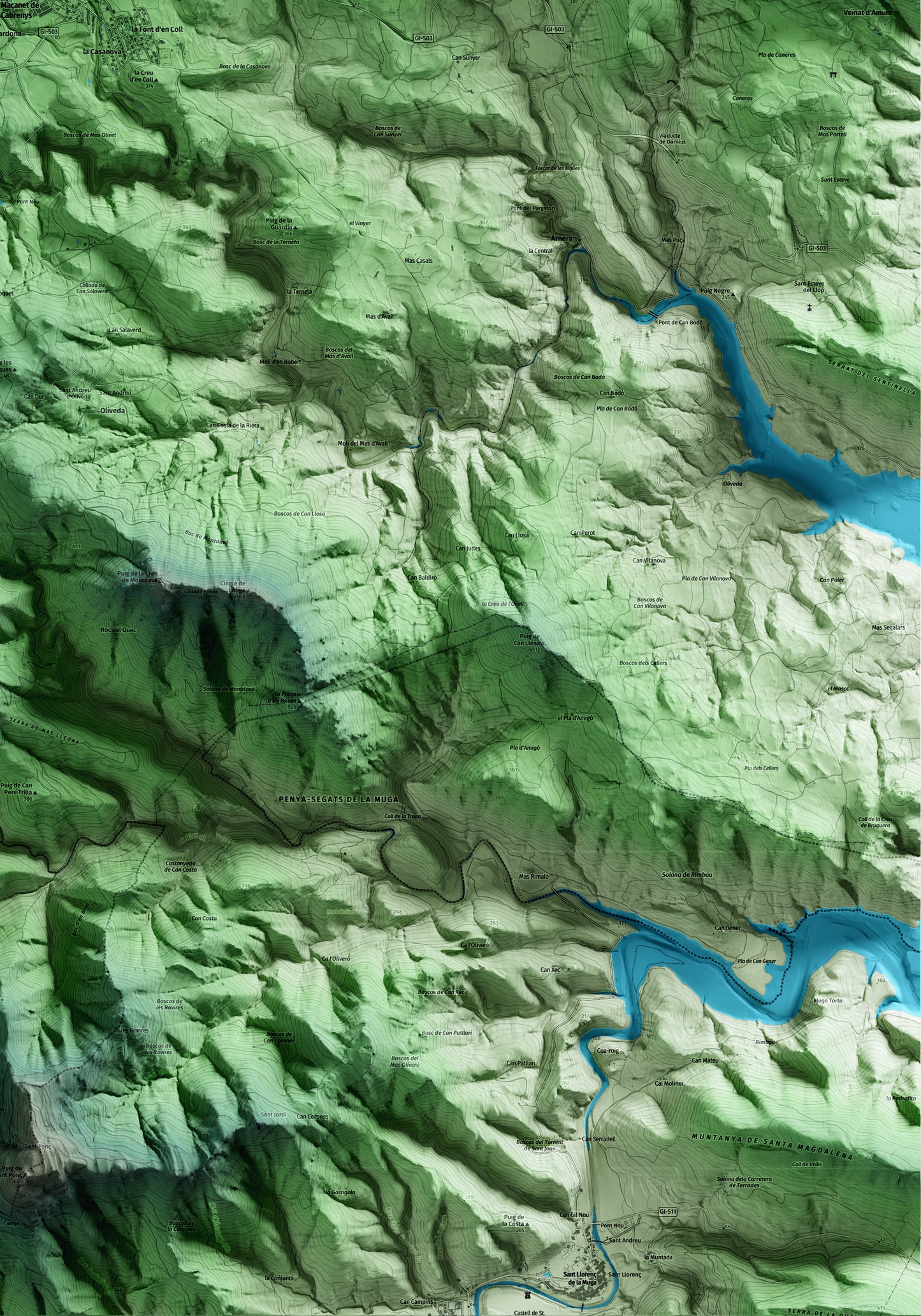 Mapa artístico del relieve de Maçanet de Cabrenys, al Alt Empordà, con 15 km de entorno y base topográfica ICGC. Detalle de la zona inferior derecha.