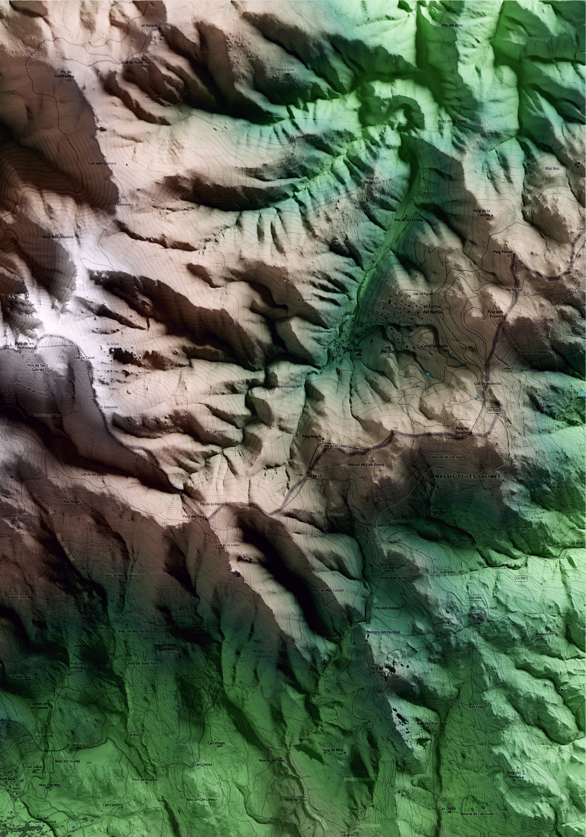 Mapa artístico del relieve de Maçanet de Cabrenys, al Alt Empordà, con 15 km de entorno y base topográfica ICGC. Detalle de la zona superior derecha.