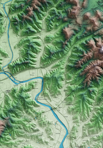 Mapa artístico del relieve de Maçanet de la Selva, a la Selva, con 15 km de entorno y base topográfica ICGC. Detalle de la zona inferior izquierda.