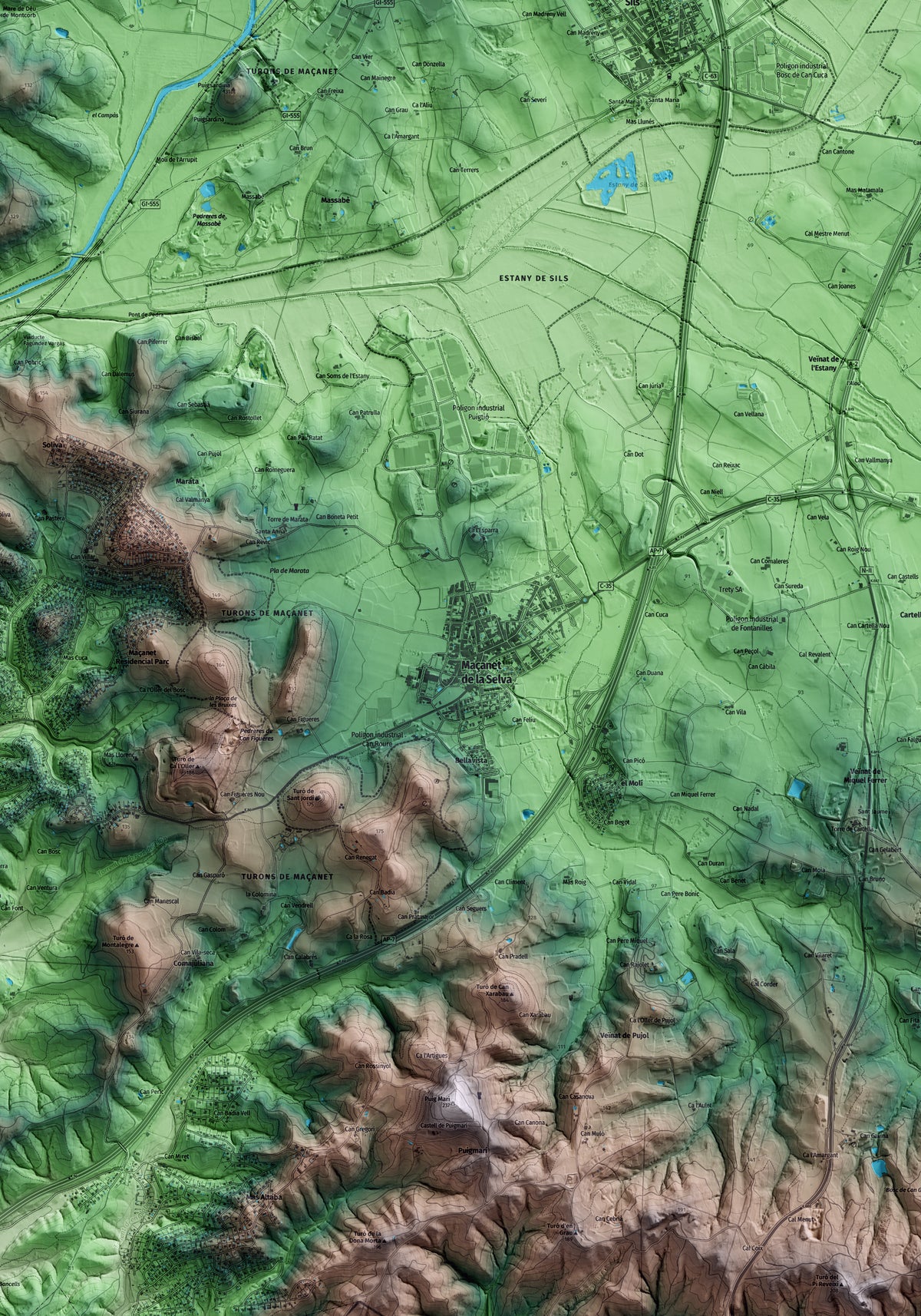 Mapa artístico del relieve de Maçanet de la Selva, a la Selva, con 15 km de entorno y base topográfica ICGC. Detalle de la zona central.