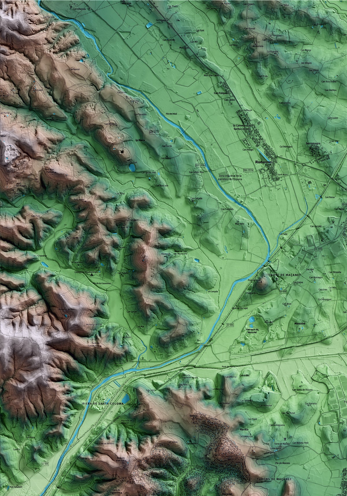 Mapa artístico del relieve de Maçanet de la Selva, a la Selva, con 15 km de entorno y base topográfica ICGC. Detalle de la zona superior izquierda.