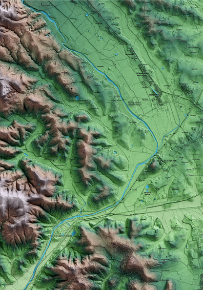 Mapa artístico del relieve de Maçanet de la Selva, a la Selva, con 15 km de entorno y base topográfica ICGC. Detalle de la zona superior izquierda.