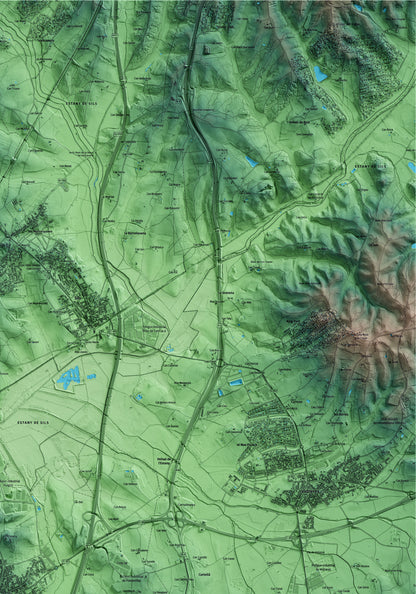 Mapa artístico del relieve de Maçanet de la Selva, a la Selva, con 15 km de entorno y base topográfica ICGC. Detalle de la zona superior derecha.