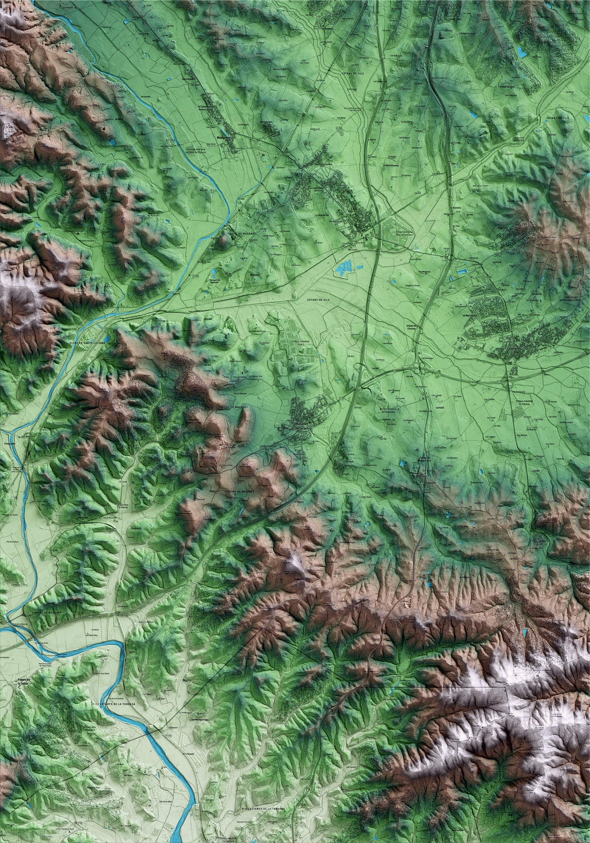 Mapa artístico del relieve de Maçanet de la Selva, a la Selva, con 15 km de entorno y base topográfica ICGC