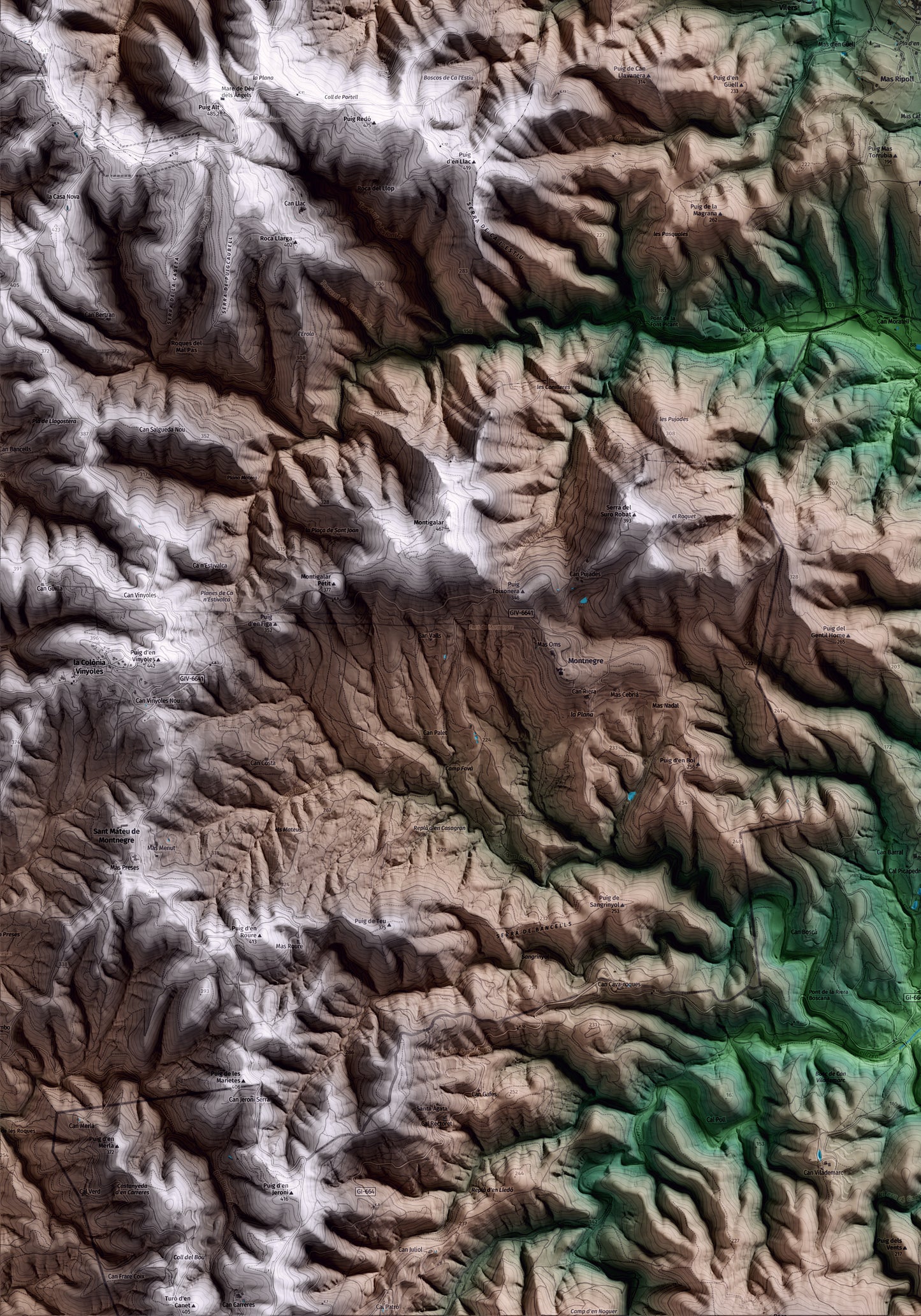 Mapa artístico del relieve de Madremanya, al Gironès, con 15 km de entorno y base topográfica ICGC. Detalle de la zona inferior izquierda.