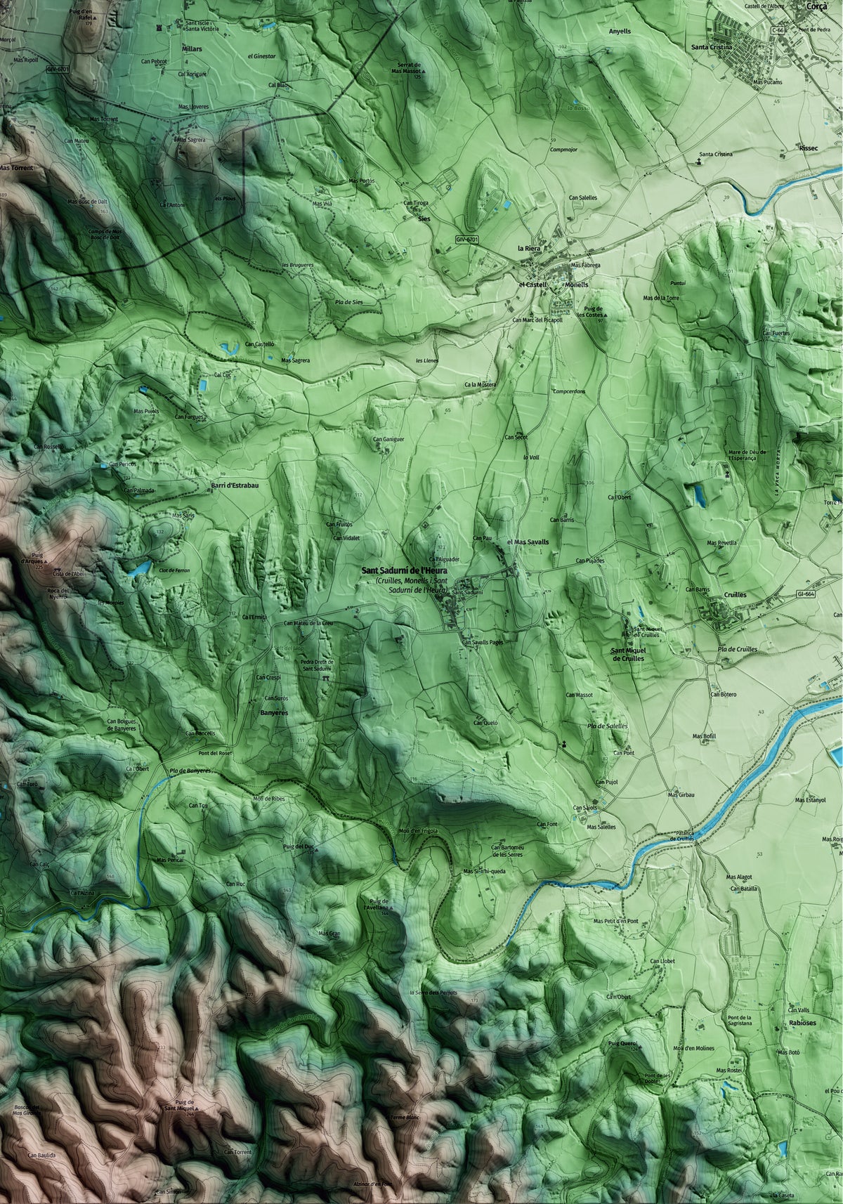 Mapa artístico del relieve de Madremanya, al Gironès, con 15 km de entorno y base topográfica ICGC. Detalle de la zona inferior derecha.