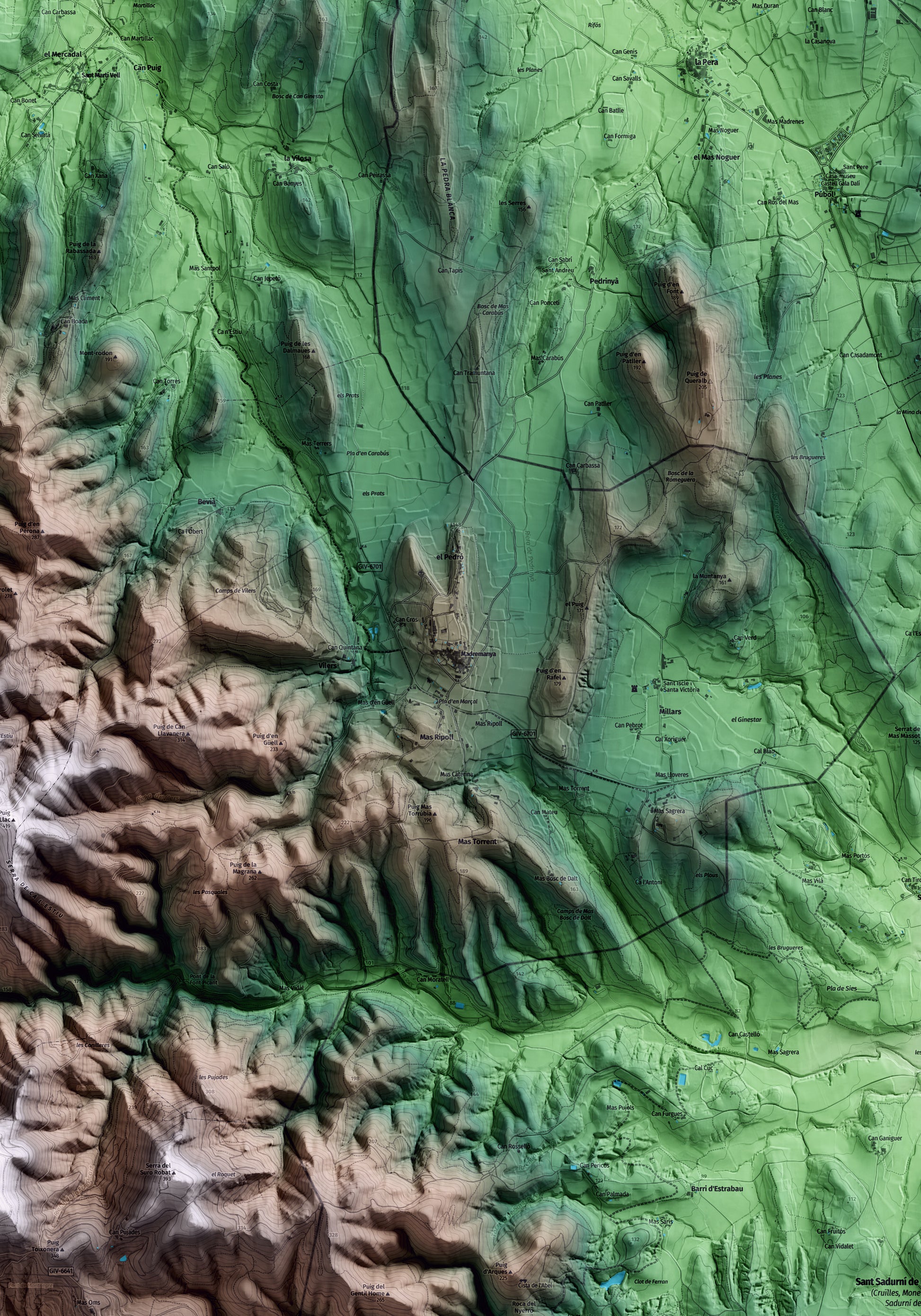 Mapa artístico del relieve de Madremanya, al Gironès, con 15 km de entorno y base topográfica ICGC. Detalle de la zona central.