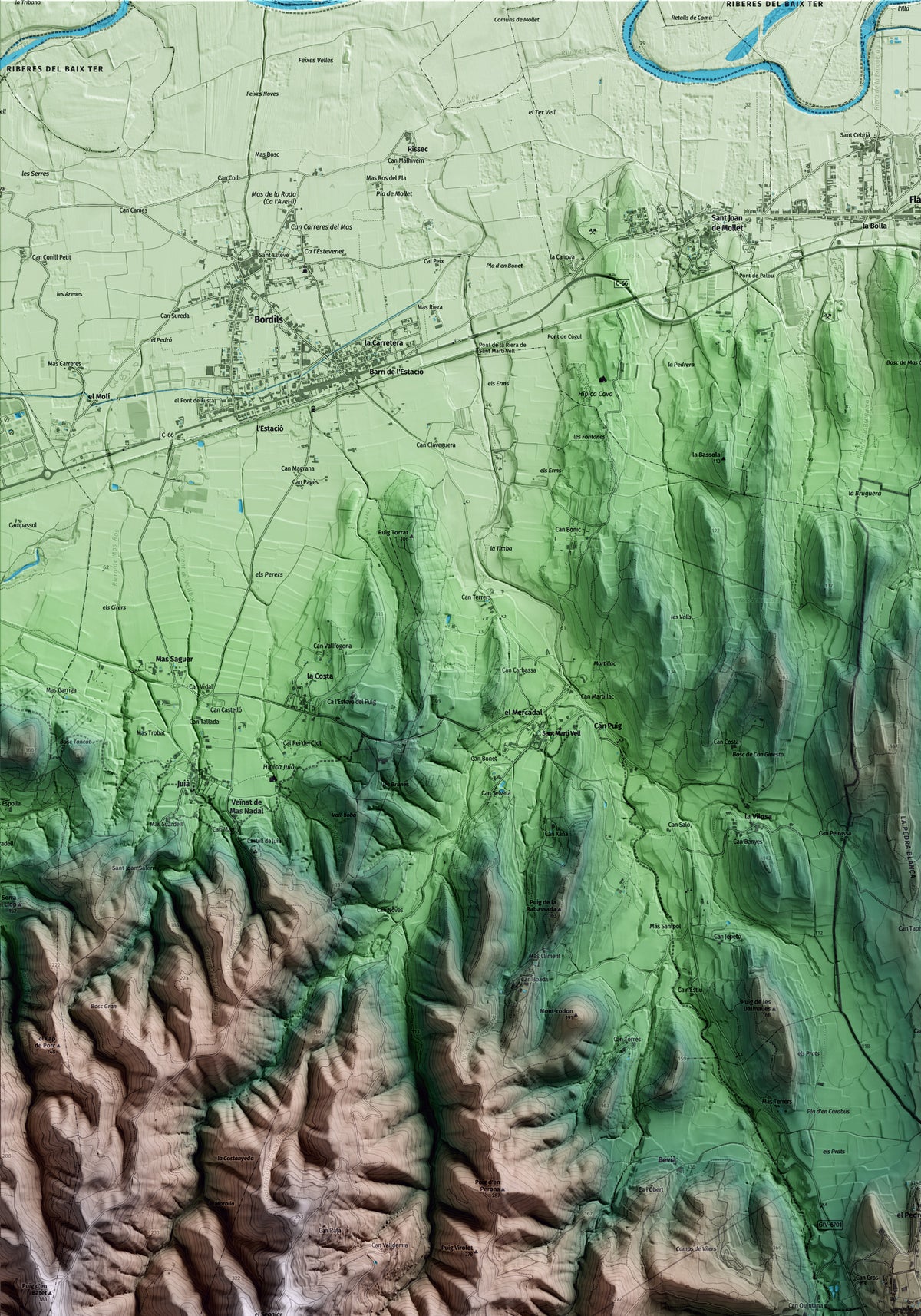 Mapa artístico del relieve de Madremanya, al Gironès, con 15 km de entorno y base topográfica ICGC. Detalle de la zona superior izquierda.