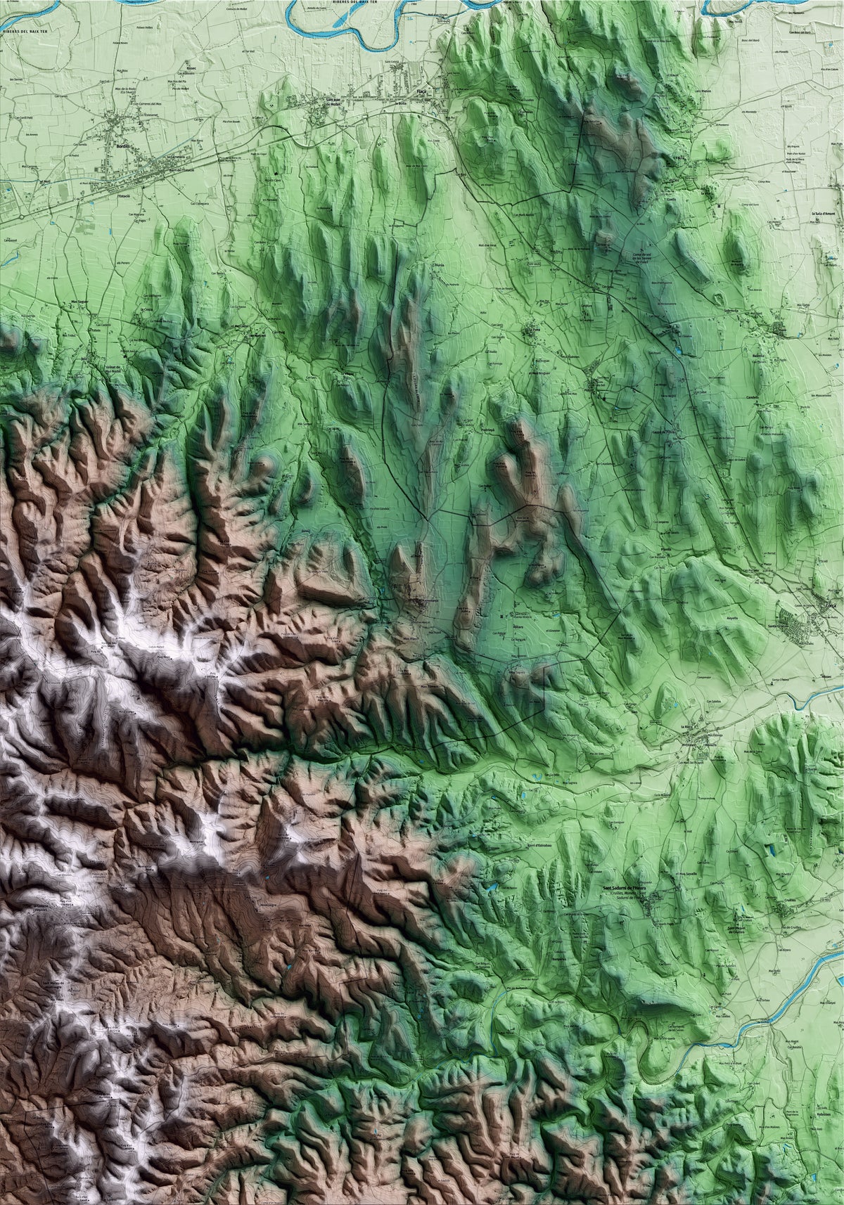 Mapa artístico del relieve de Madremanya, al Gironès, con 15 km de entorno y base topográfica ICGC