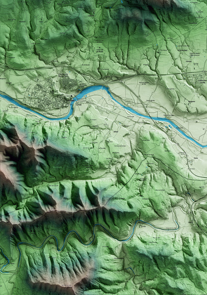 Mapa artístico del relieve de Maià de Montcal, a la Garrotxa, con 15 km de entorno y base topográfica ICGC. Detalle de la zona inferior izquierda.