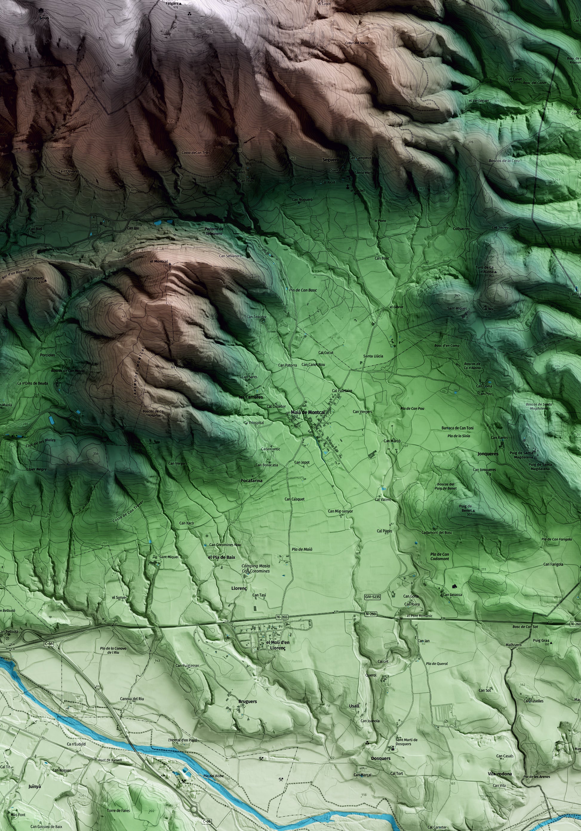 Mapa artístico del relieve de Maià de Montcal, a la Garrotxa, con 15 km de entorno y base topográfica ICGC. Detalle de la zona central.