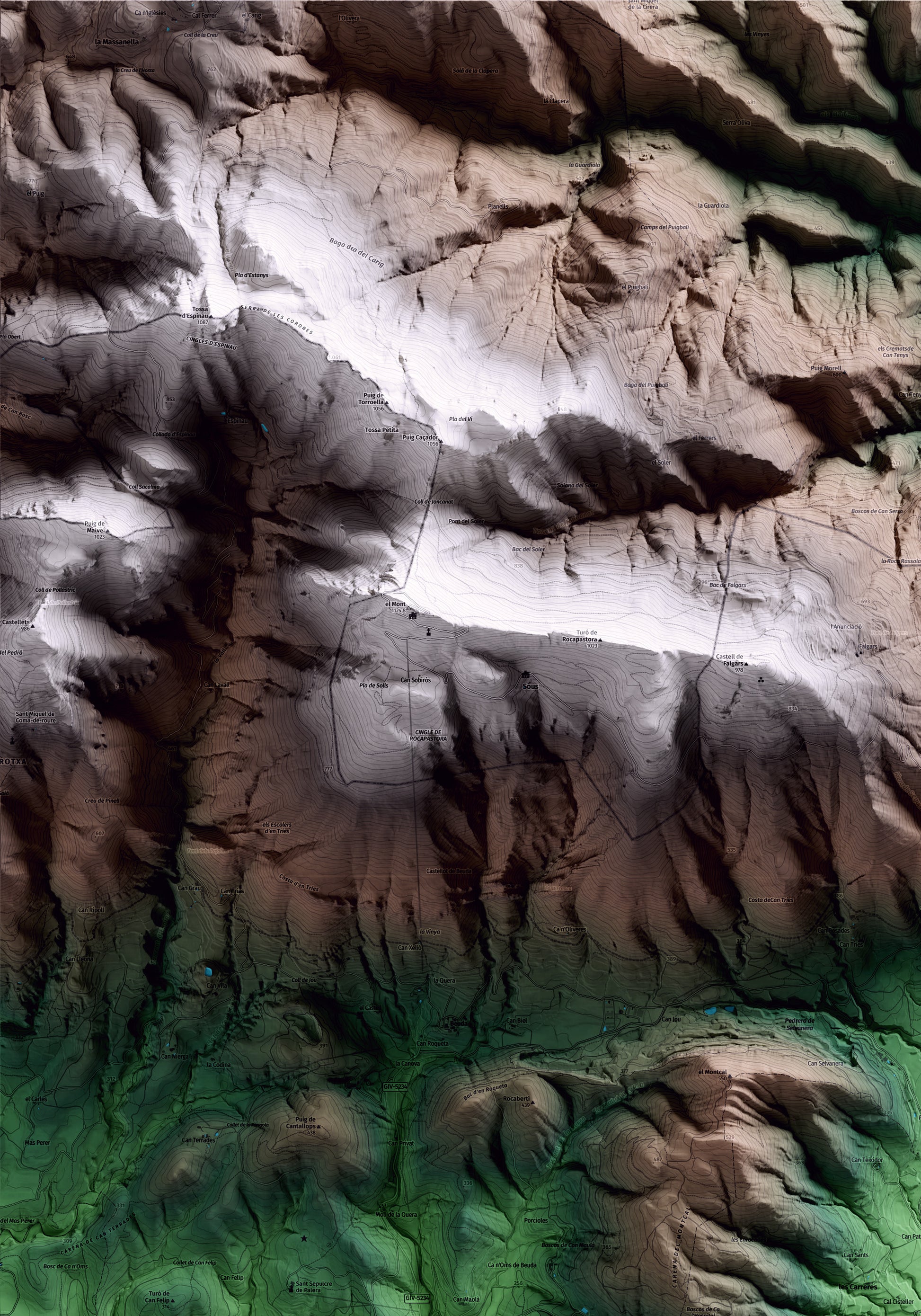 Mapa artístico del relieve de Maià de Montcal, a la Garrotxa, con 15 km de entorno y base topográfica ICGC. Detalle de la zona superior izquierda.