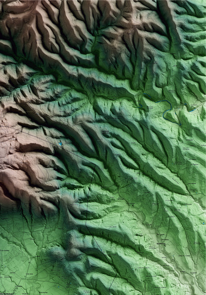 Mapa artístico del relieve de Maià de Montcal, a la Garrotxa, con 15 km de entorno y base topográfica ICGC. Detalle de la zona superior derecha.