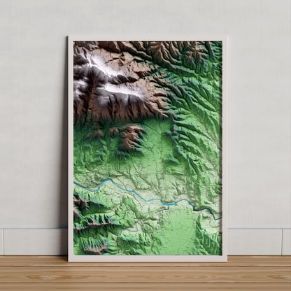 Mapa artístico del relieve de Maià de Montcal, a la Garrotxa, con 15 km de entorno y base topográfica ICGC. Presentación enmarcada.