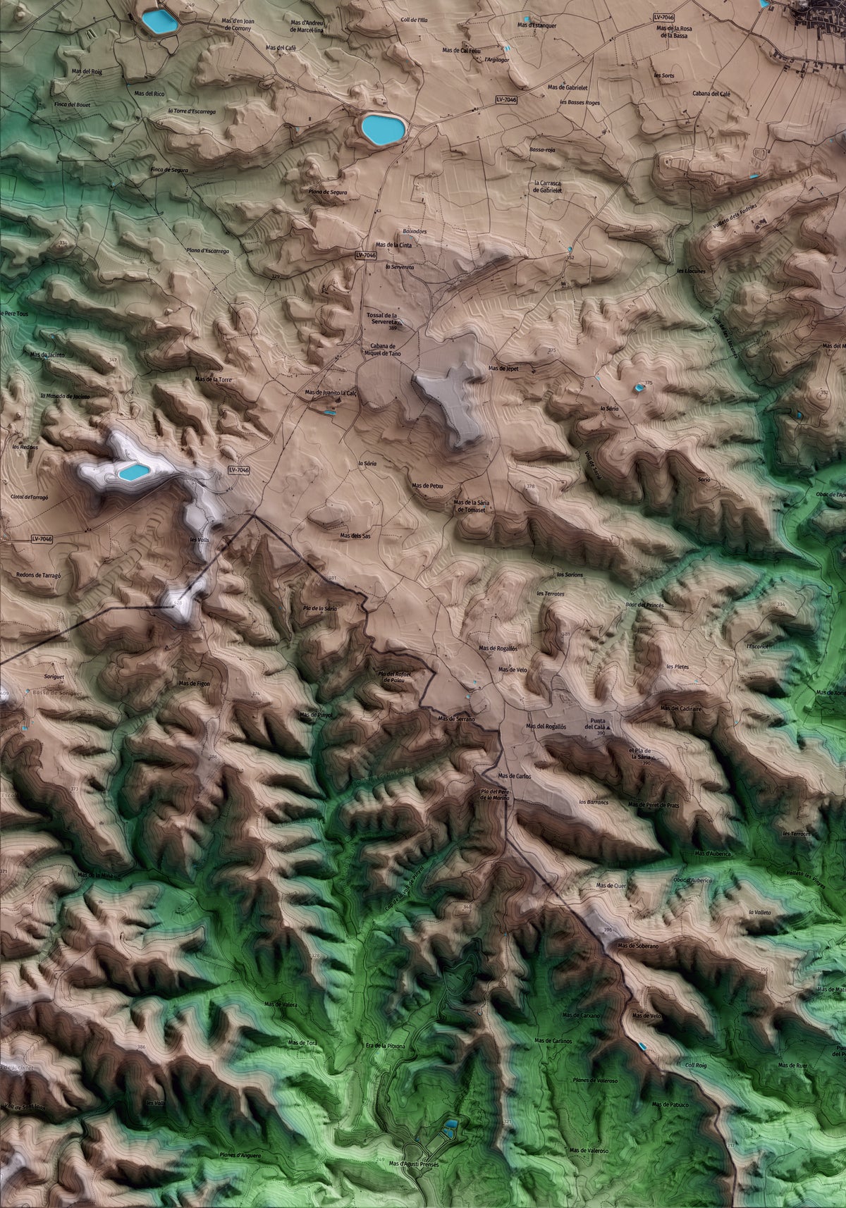 Mapa artístico del relieve de Maials, al Segrià, con 15 km de entorno y base topográfica ICGC. Detalle de la zona inferior izquierda.