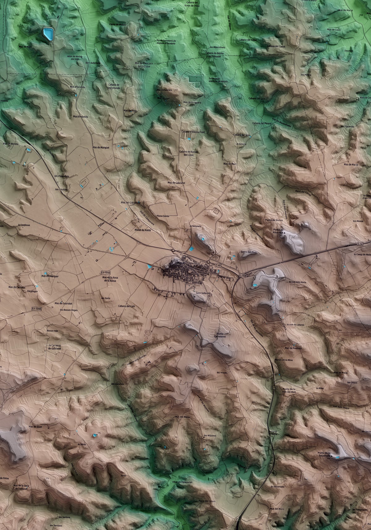 Mapa artístico del relieve de Maials, al Segrià, con 15 km de entorno y base topográfica ICGC. Detalle de la zona central.