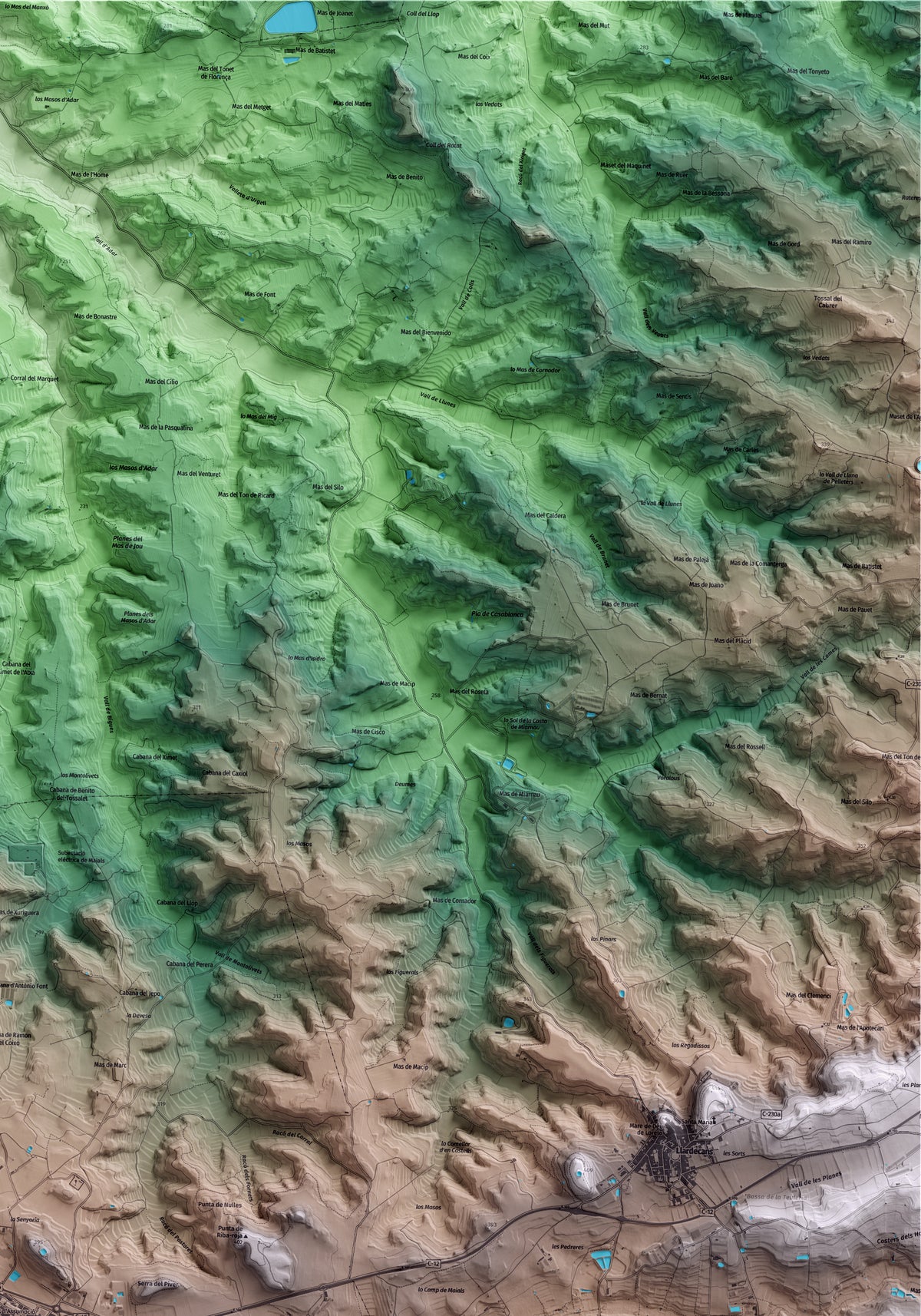 Mapa artístico del relieve de Maials, al Segrià, con 15 km de entorno y base topográfica ICGC. Detalle de la zona superior derecha.