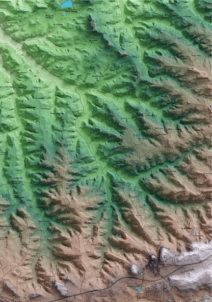 Mapa artístico del relieve de Maials, al Segrià, con 15 km de entorno y base topográfica ICGC. Detalle de la zona superior derecha.