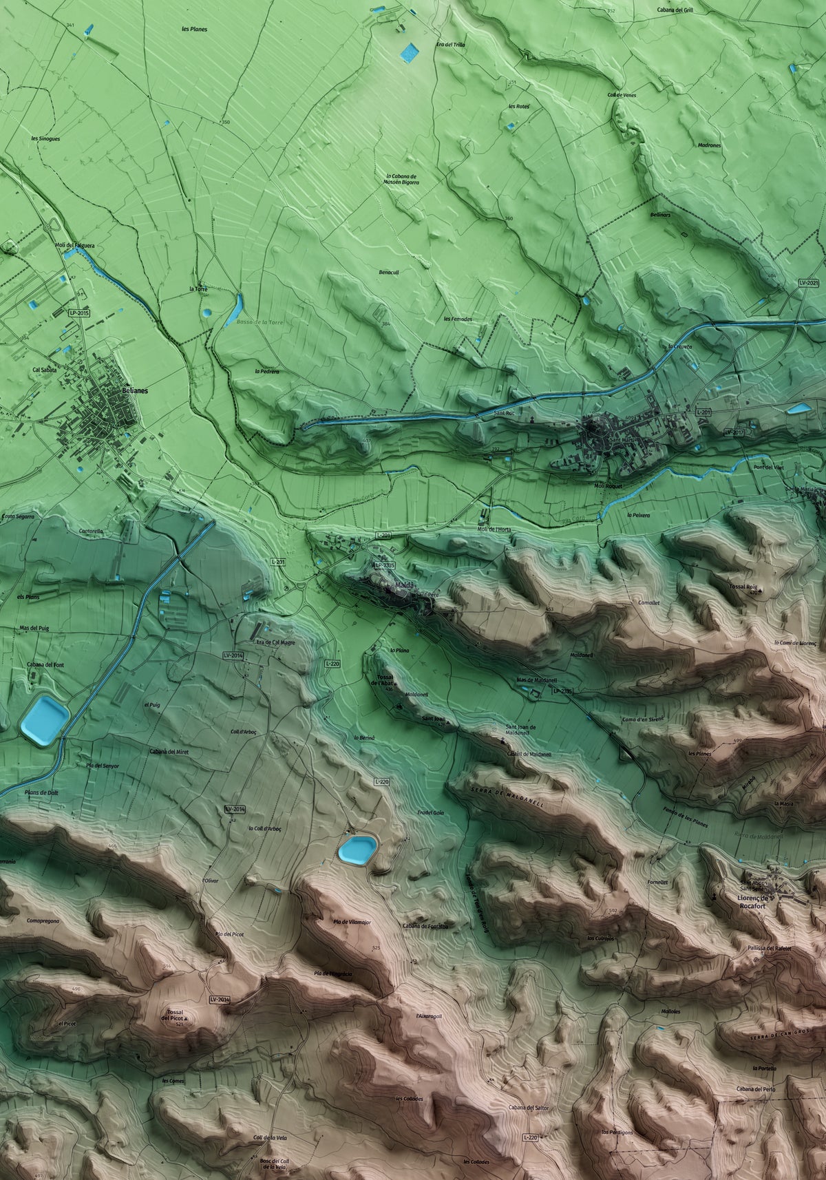 Mapa artístico del relieve de Maldà, al Urgell, con 15 km de entorno y base topográfica ICGC. Detalle de la zona central.