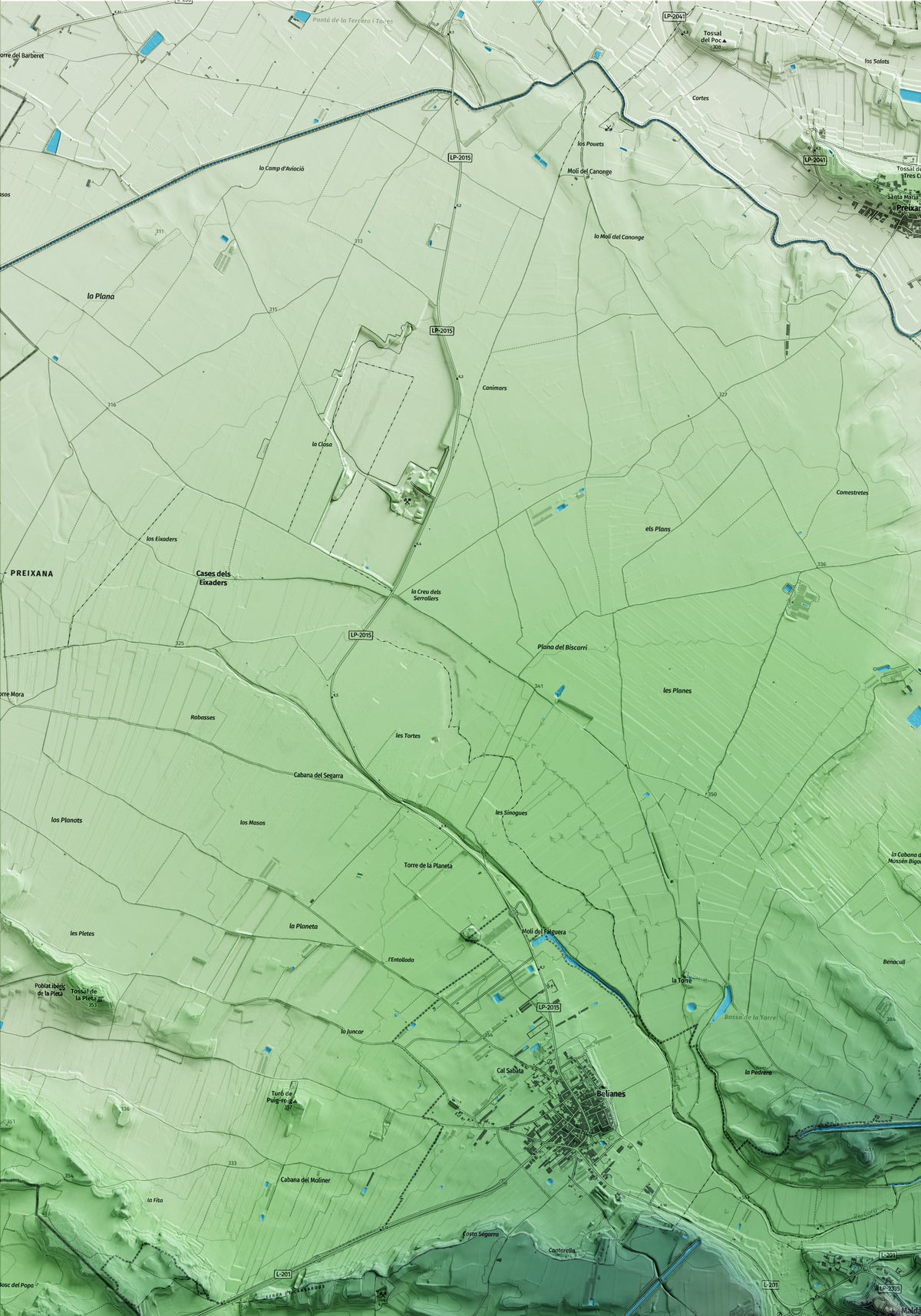 Mapa artístico del relieve de Maldà, al Urgell, con 15 km de entorno y base topográfica ICGC. Detalle de la zona superior izquierda.