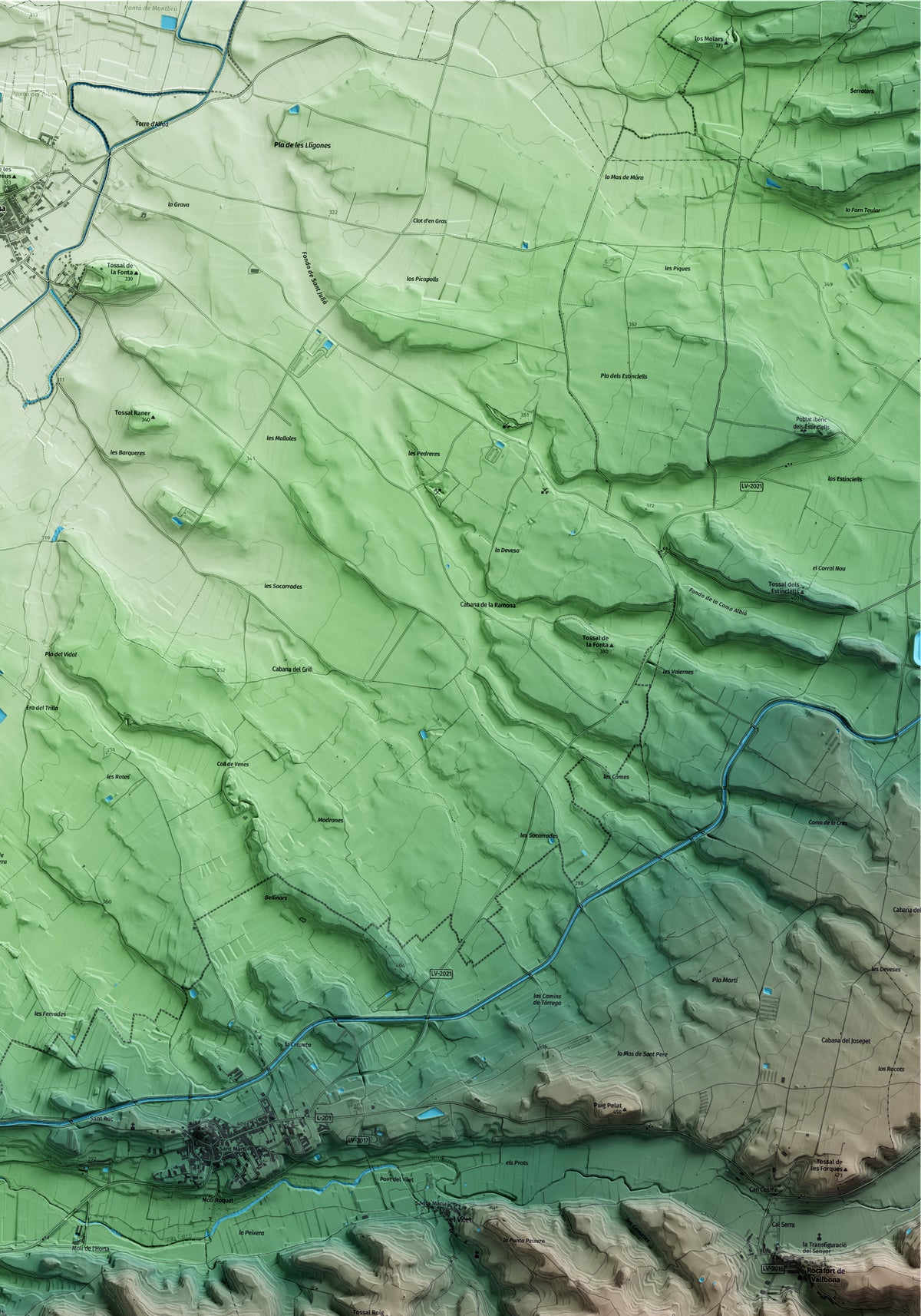 Mapa artístico del relieve de Maldà, al Urgell, con 15 km de entorno y base topográfica ICGC. Detalle de la zona superior derecha.