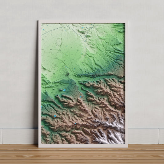Mapa artístico del relieve de Maldà, al Urgell, con 15 km de entorno y base topográfica ICGC. Presentación enmarcada.