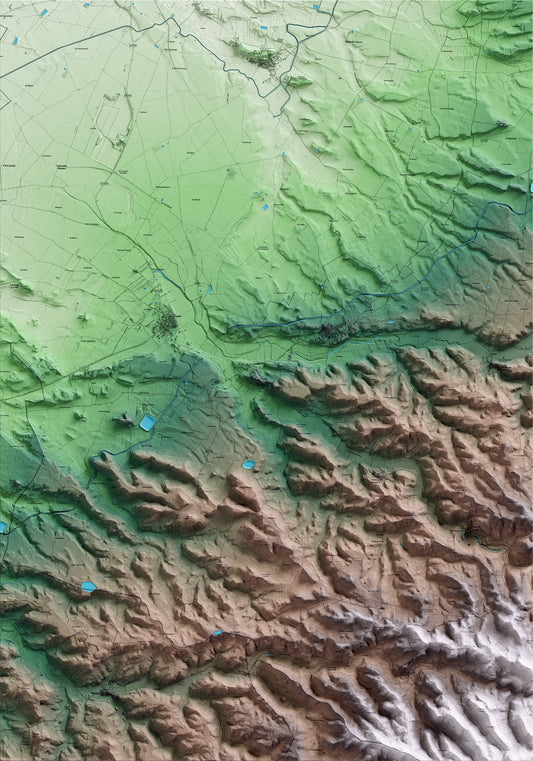 Mapa artístico del relieve de Maldà, al Urgell, con 15 km de entorno y base topográfica ICGC