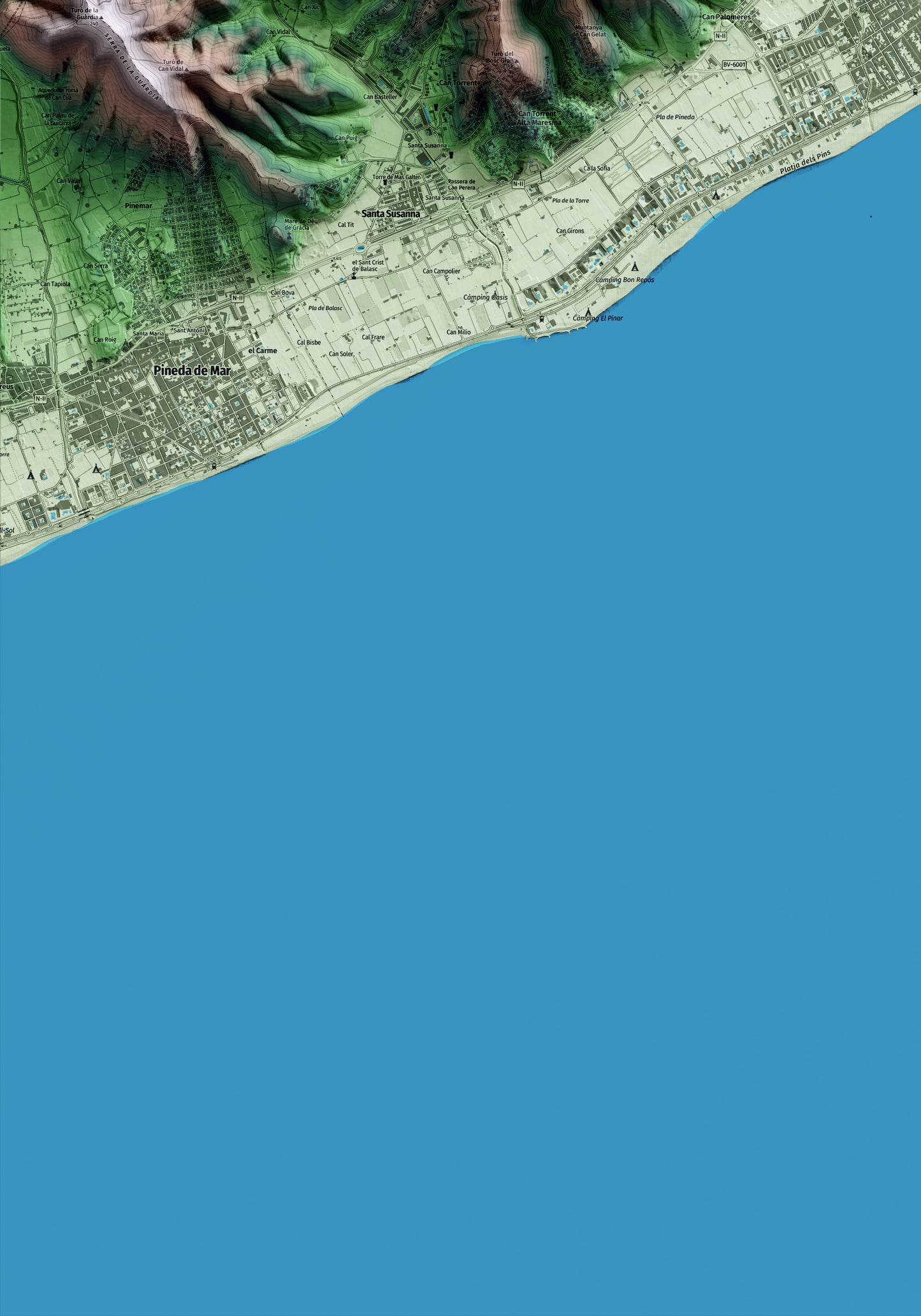 Mapa artístico del relieve de Malgrat de Mar, al Maresme, con 15 km de entorno y base topográfica ICGC. Detalle de la zona inferior izquierda.