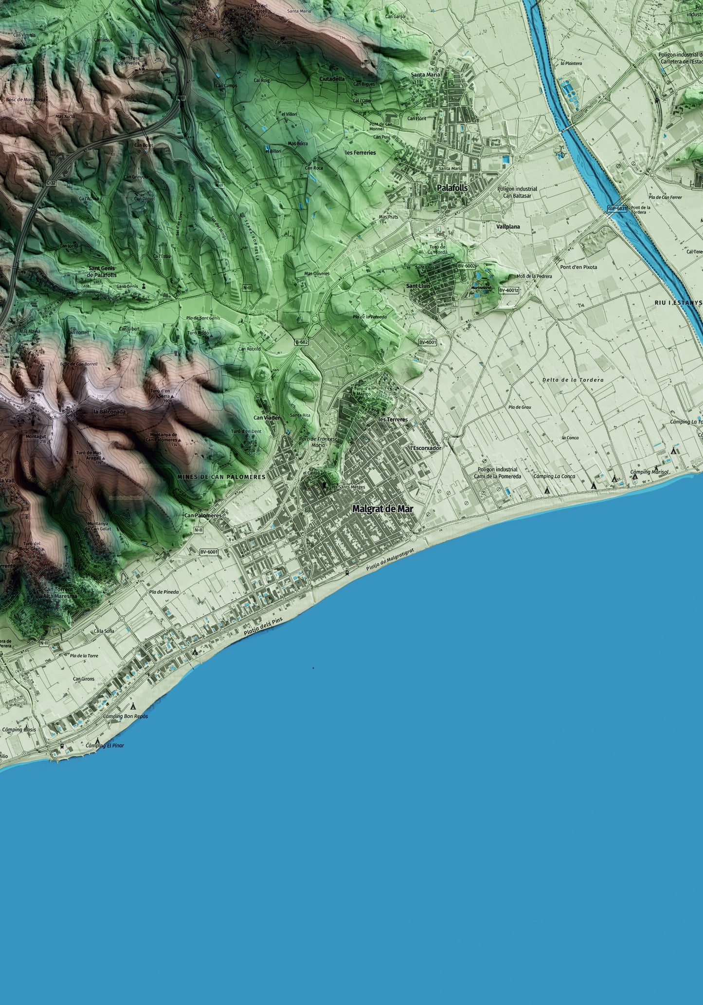 Mapa artístico del relieve de Malgrat de Mar, al Maresme, con 15 km de entorno y base topográfica ICGC. Detalle de la zona central.