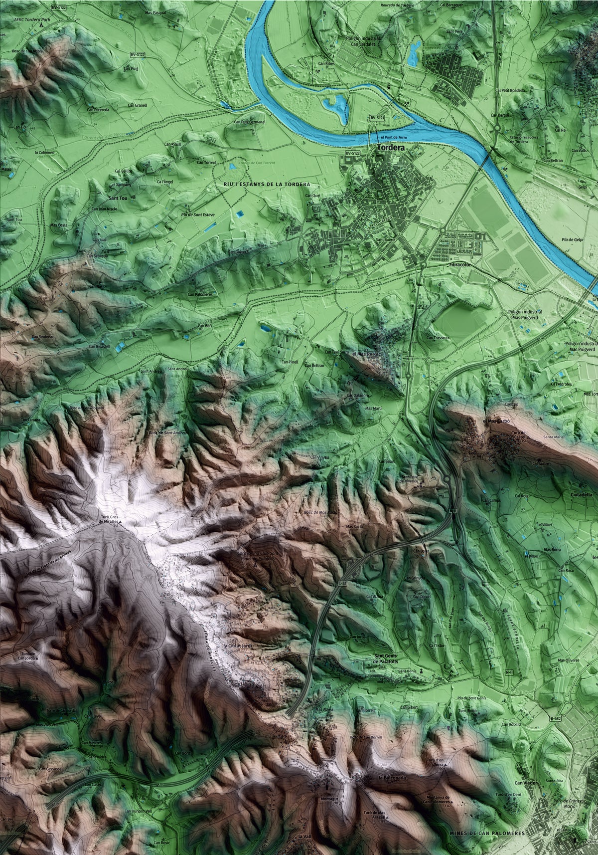 Mapa artístico del relieve de Malgrat de Mar, al Maresme, con 15 km de entorno y base topográfica ICGC. Detalle de la zona superior izquierda.