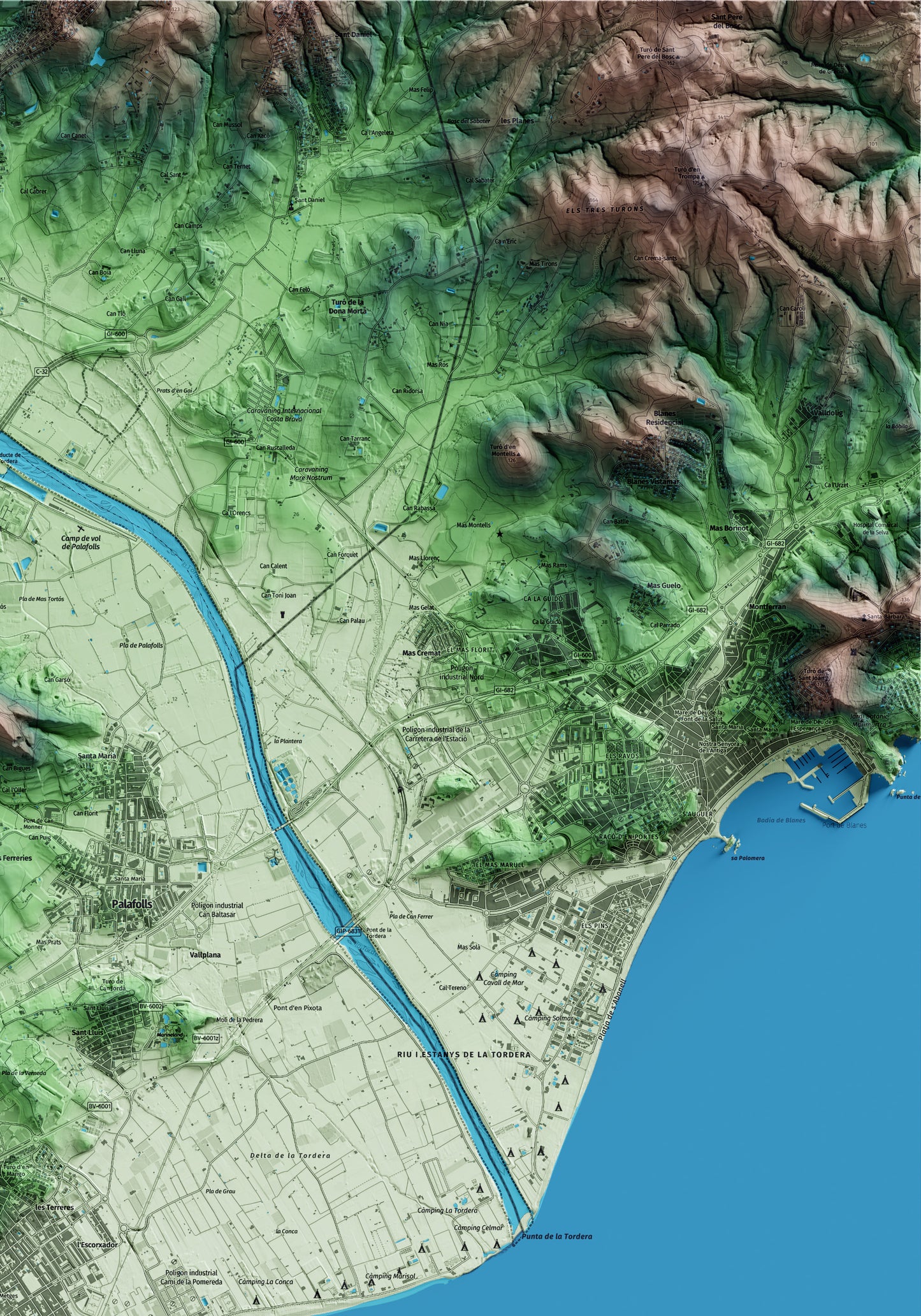 Mapa artístico del relieve de Malgrat de Mar, al Maresme, con 15 km de entorno y base topográfica ICGC. Detalle de la zona superior derecha.