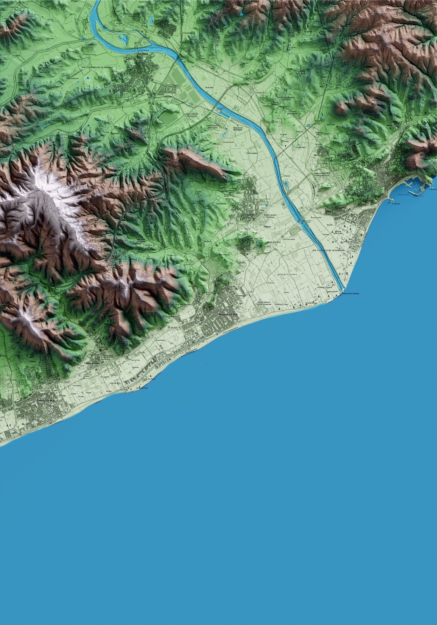 Mapa artístico del relieve de Malgrat de Mar, al Maresme, con 15 km de entorno y base topográfica ICGC