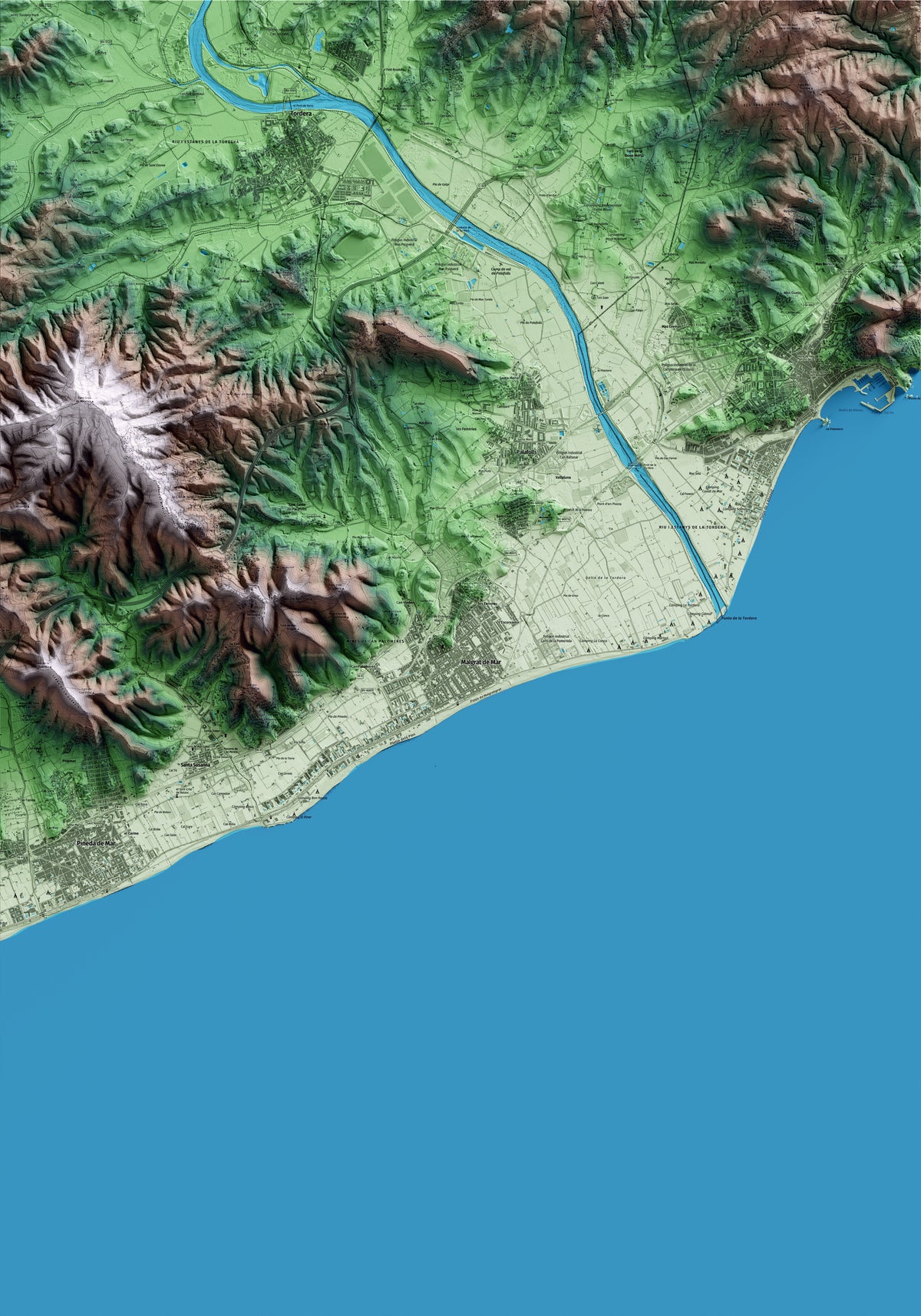 Mapa artístico del relieve de Malgrat de Mar, al Maresme, con 15 km de entorno y base topográfica ICGC
