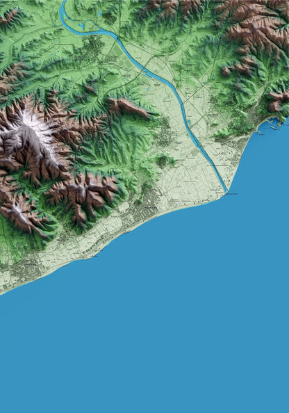 Mapa artístico del relieve de Malgrat de Mar, al Maresme, con 15 km de entorno y base topográfica ICGC