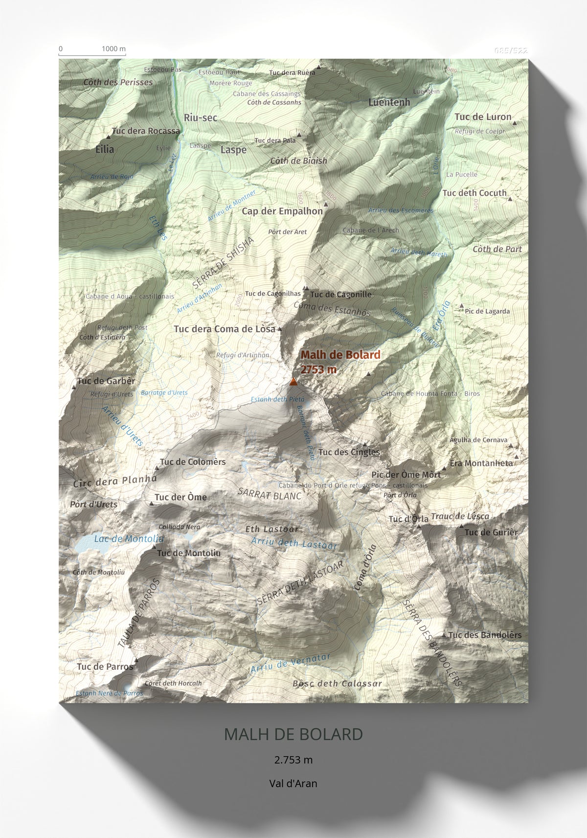 Mapa de relieve de Malh de Bolard, 2753 m, Val d'Aran, lámina 100 Cims de Trobart 21 × 30 cm.