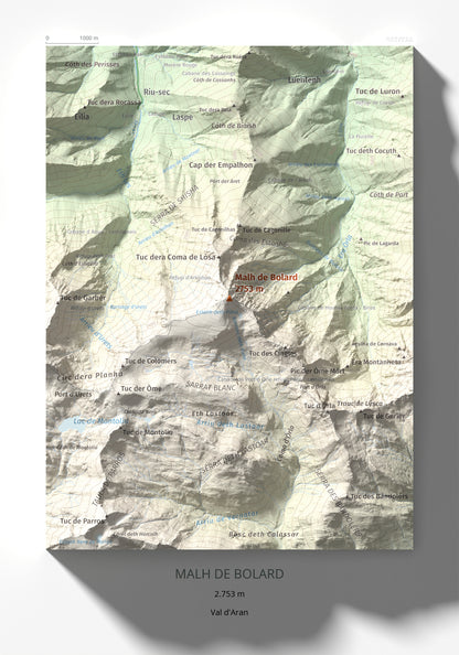 Mapa de relieve de Malh de Bolard, 2753 m, Val d'Aran, lámina 100 Cims de Trobart 21 × 30 cm.