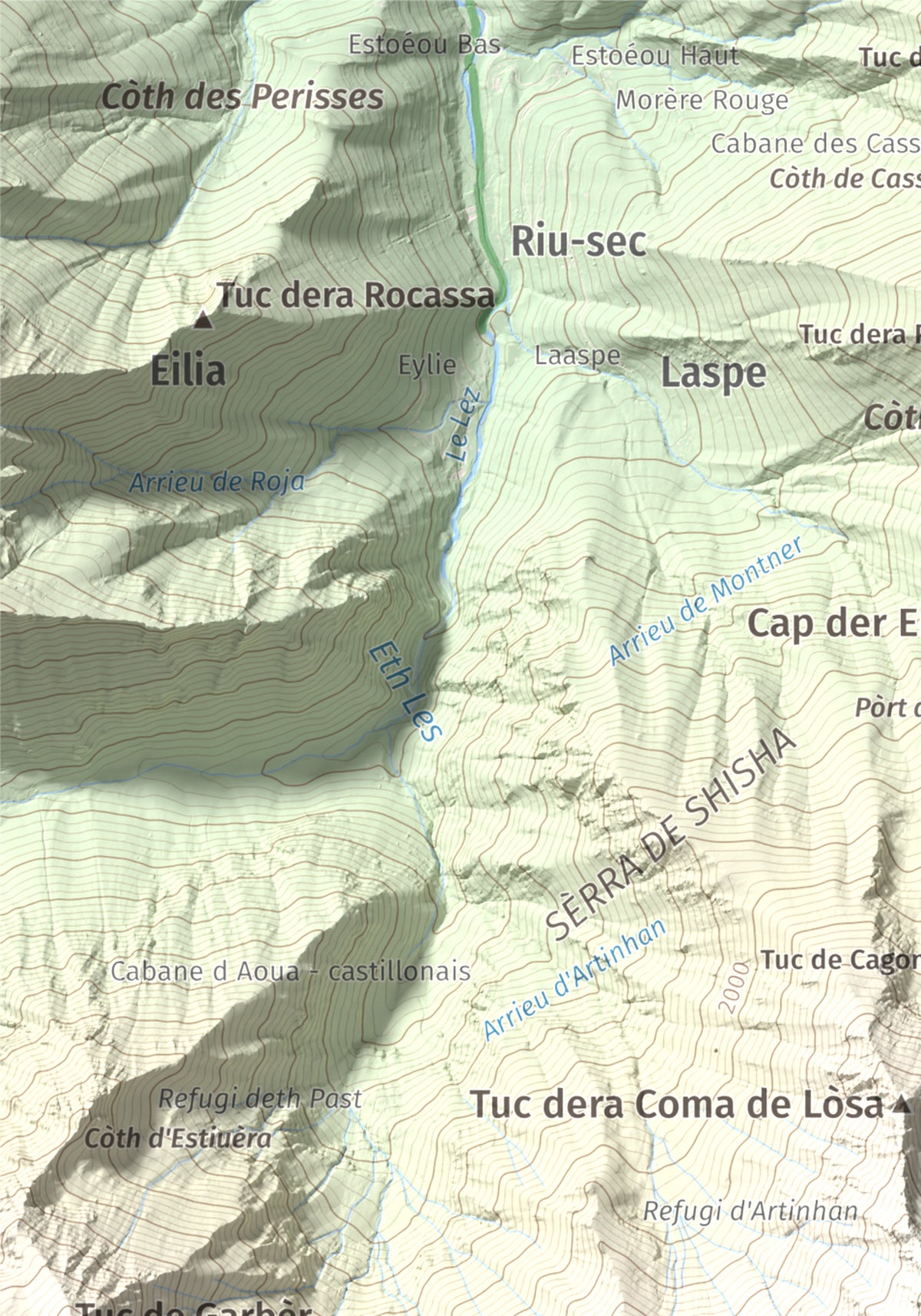 Mapa de relieve de Malh de Bolard, 2753 m, Val d'Aran, lámina 100 Cims de Trobart. Detalle de la zona superior izquierda. 21 × 30 cm.