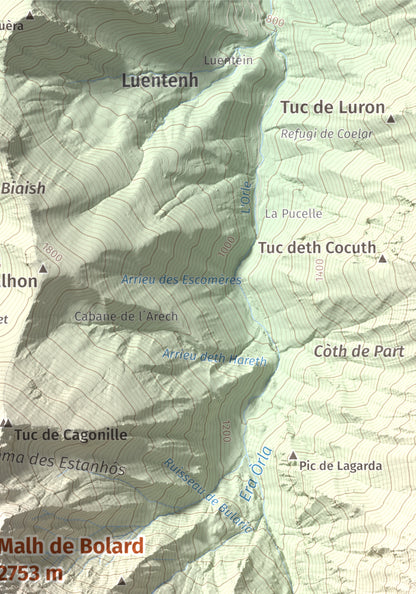 Mapa de relieve de Malh de Bolard, 2753 m, Val d'Aran, lámina 100 Cims de Trobart. Detalle de la zona superior derecha. 21 × 30 cm.