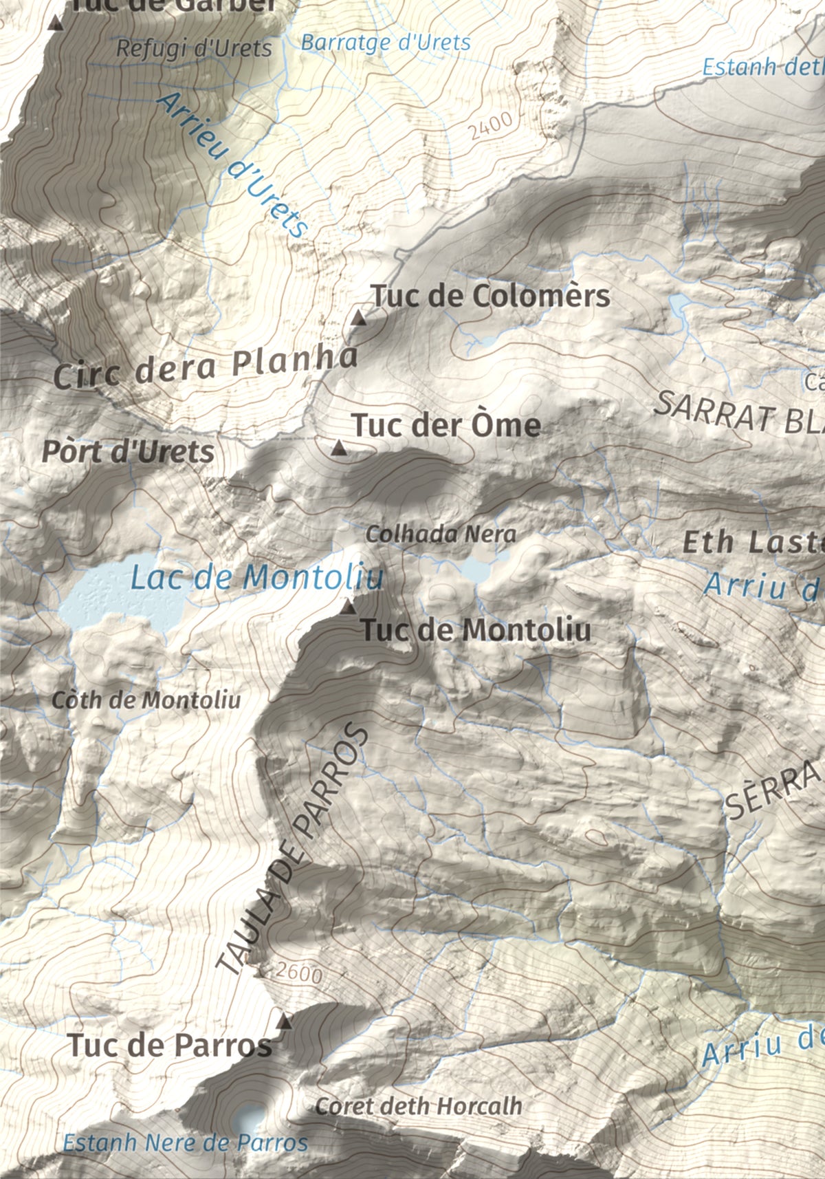 Mapa de relieve de Malh de Bolard, 2753 m, Val d'Aran, lámina 100 Cims de Trobart. Detalle de la zona inferior izquierda. 21 × 30 cm.
