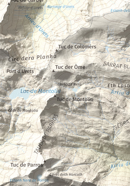 Mapa de relieve de Malh de Bolard, 2753 m, Val d'Aran, lámina 100 Cims de Trobart. Detalle de la zona inferior izquierda. 21 × 30 cm.