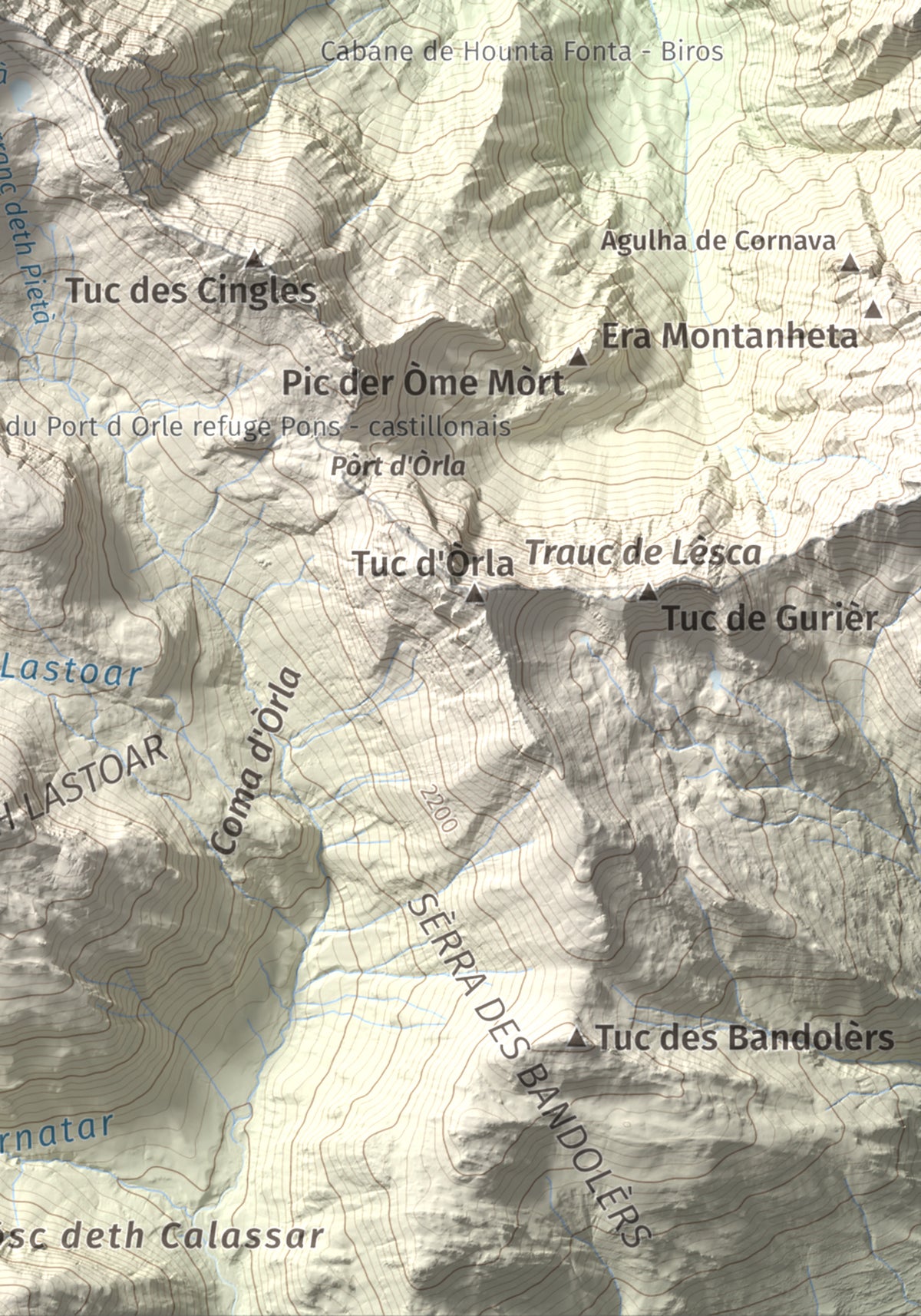 Mapa de relieve de Malh de Bolard, 2753 m, Val d'Aran, lámina 100 Cims de Trobart. Detalle de la zona inferior derecha. 21 × 30 cm.