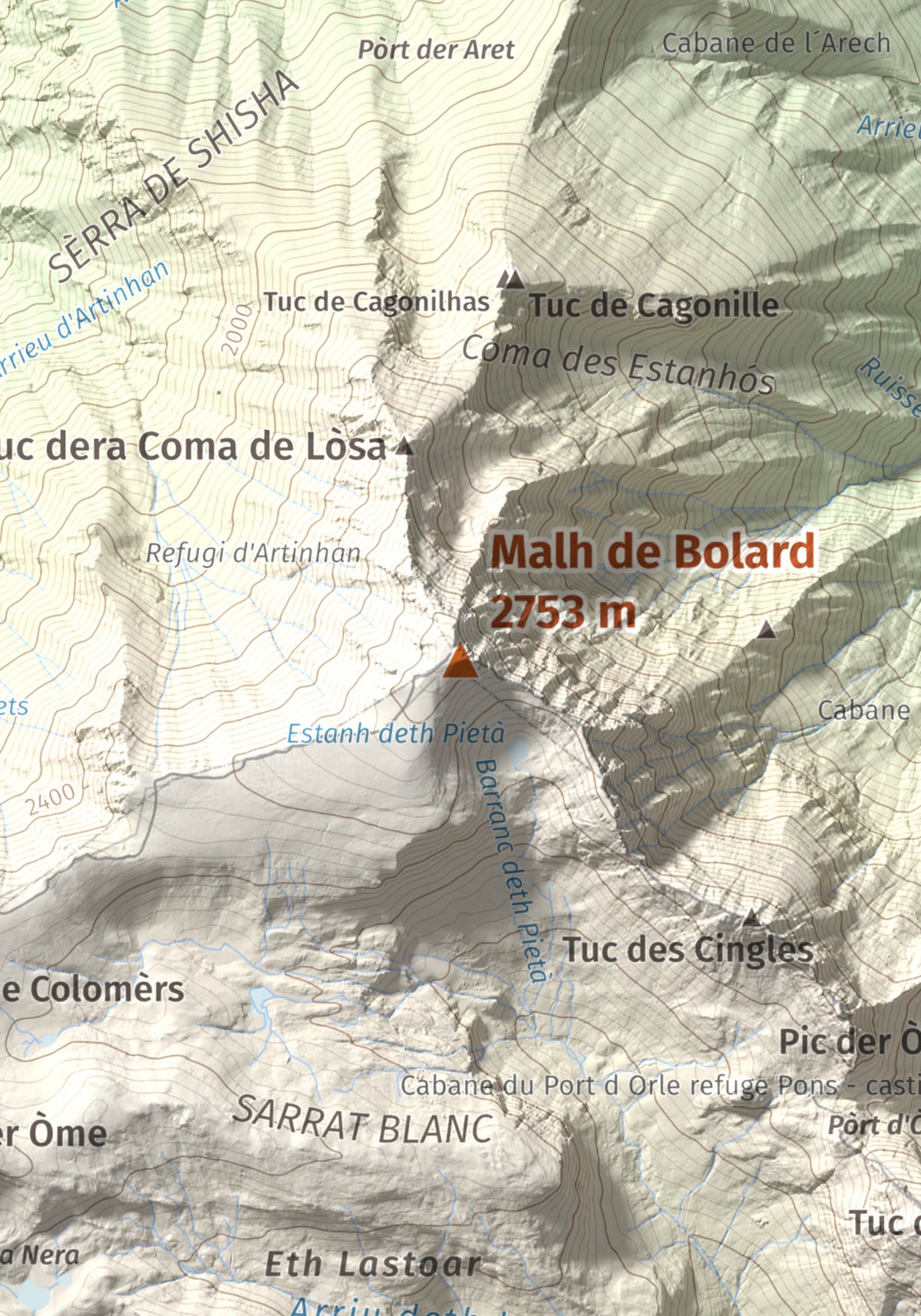 Mapa de relieve de Malh de Bolard, 2753 m, Val d'Aran, lámina 100 Cims de Trobart. Detalle de la zona central. 21 × 30 cm.