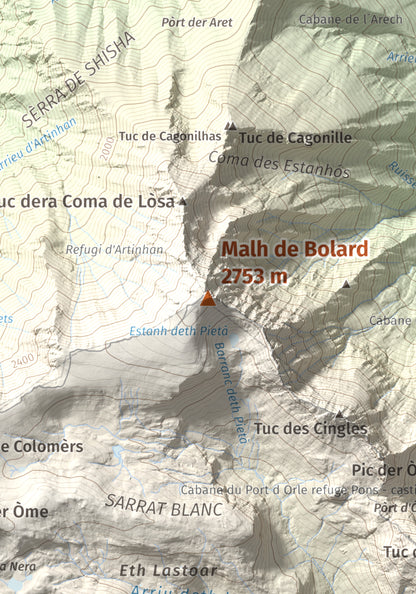 Mapa de relieve de Malh de Bolard, 2753 m, Val d'Aran, lámina 100 Cims de Trobart. Detalle de la zona central. 21 × 30 cm.