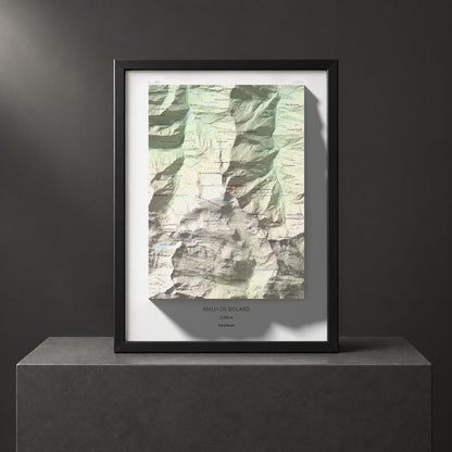 Mapa de relieve de Malh de Bolard, 2753 m, Val d'Aran, lámina 100 Cims de Trobart. Presentación enmarcada. 30 × 40 cm.