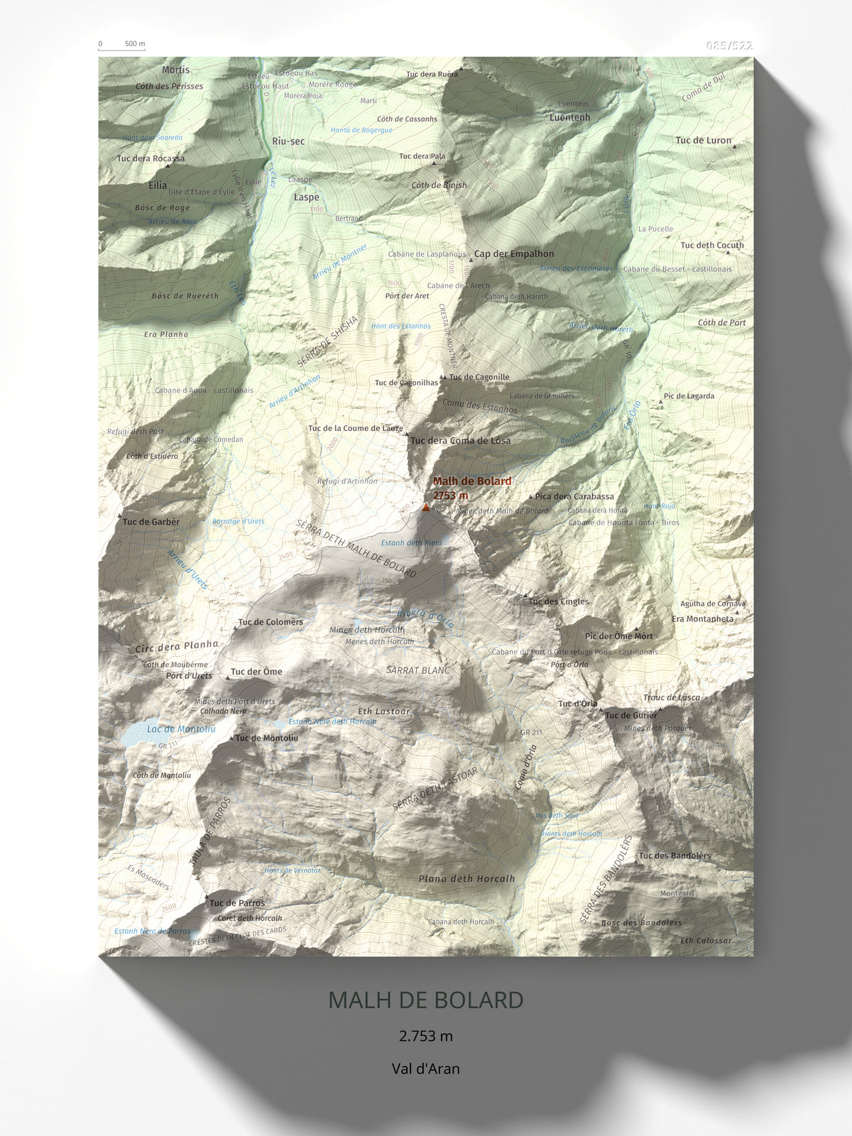 Mapa de relieve de Malh de Bolard, 2753 m, Val d'Aran, lámina 100 Cims de Trobart 30 × 40 cm.