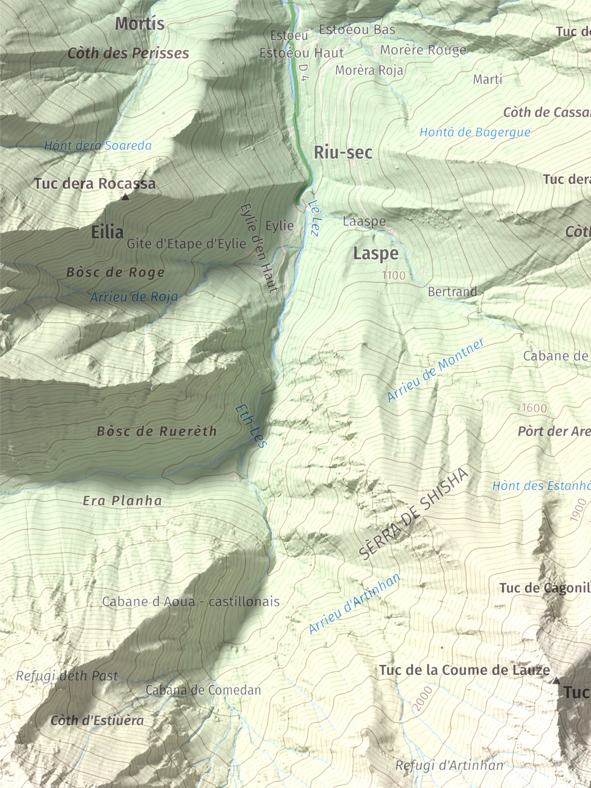 Mapa de relieve de Malh de Bolard, 2753 m, Val d'Aran, lámina 100 Cims de Trobart. Detalle de la zona superior izquierda. 30 × 40 cm.