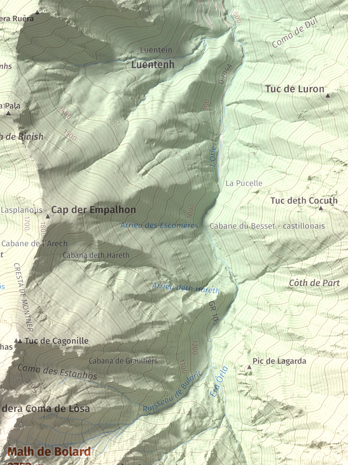 Mapa de relieve de Malh de Bolard, 2753 m, Val d'Aran, lámina 100 Cims de Trobart. Detalle de la zona superior derecha. 30 × 40 cm.